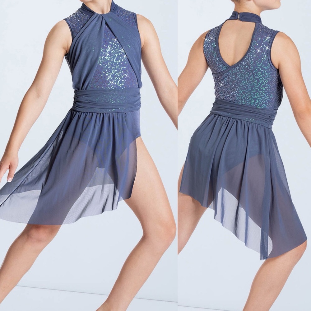 Weissman Dance Costume blue dress sequin mesh Hand In Hand 13443 MC 10/12